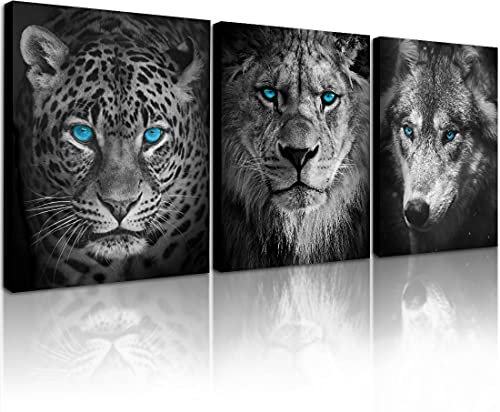 QTESPEII Black and White Animals Pictures Wall Art Decor for Bathroom Leopard Lion Wolf Head with Blue Eyes Paintings Canvas Prints Wildlife Artwork Framed Modern Home Office Decor 12x16 3 Panels