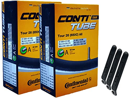 pneugo! Set 2 x Continental Fahrradschlauch 26 Zoll Autoventil 37-559/47-571 (Tour) + 3 Reifenheber