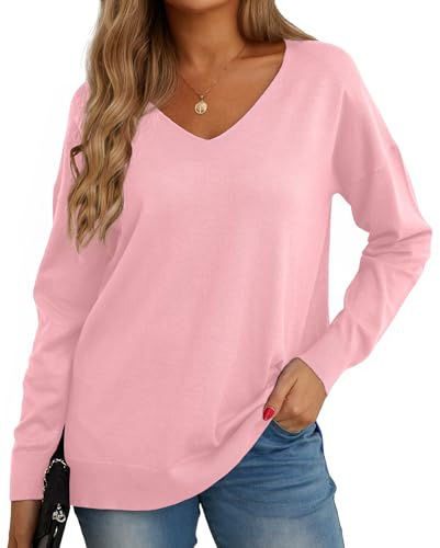 GRECERELLE Women's V Neck Knit Jumper Lightweight Long Sleeve Everyday Tops | Casual Soft Pullover Sweatshirt, Classic Plain Design Blouse T-Shirt, for Winter Fall Spring