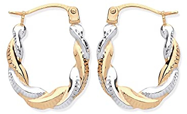 Old English Jewellers 9ct Yellow & White Gold Creole Twisted Gold Hoop Earrings - Real Gold Hoops with Rope Design Gypsy Earrings