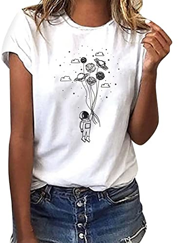 Yuson Girl Camiseta de Mujer Camiseta de Verano de Manga Corta con Estampado de Astronauta 100% Algodón