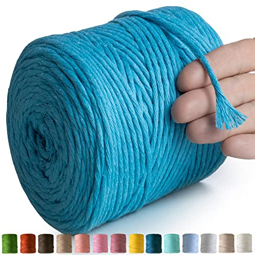 MeriWoolArt® Makramee Garn Türkis Blau - Makramee Garn 4mm farbig 225m - Super weiches Baumwollgarn, einfach gedrehte Makramee Schnur für Makramee Wandbehang, Blumenampel, Vorhang und Mehr DIY Deco