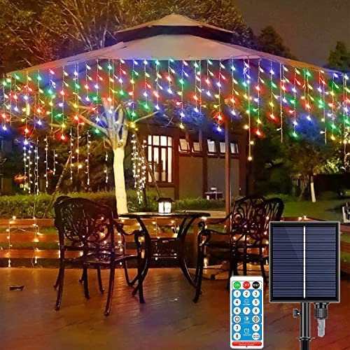 SUAVER Solar Eisregen Lichterkette Außen LED Lichtervorhang Weihnachtsbeleuchtung mit Fernbedienung,Timer,Dimmbar,8 Modi Eiszapfen Deko Leuchte für Balkon Weihnachten (5m 256led Multi)