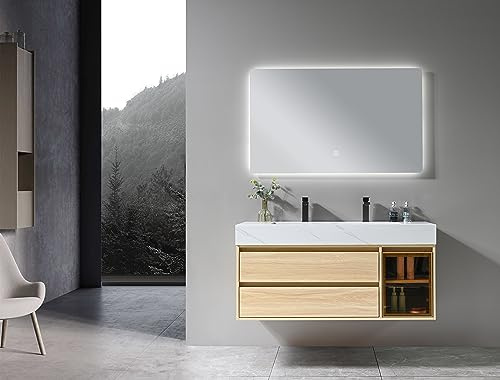 LuxuryBain- Meuble de Salle de Bain Double Vasque Bois et Blanc Effet marbre avec Miroir LED LB-8512