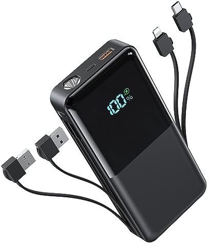 Snomh Power Bank, 20.000mAh Power Bank mit Eingebautem USB-C Kabel und Taschenlampe, 22.5W Externer Handyakkus PD 3.0 QC 4.0 Tragbares Ladegerät LED Display Kompatibel mit Smartphone, Tablet und mehr