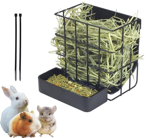 Rabbit Hay Feeder Guinea Pig Hay Feeder, Hay and Food Holder with Hook Heavy-Duty Metal Frame Hay Rack，for Bunny, Guinea Pigs,Chinchillas， Comes with Two Multifunctional Zippers-6.8x6.7x6.6inch