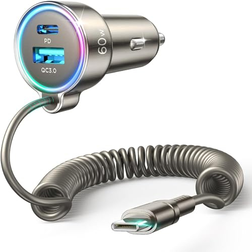 2025 Upgrade 72W Zigarettenanzünder USB C Adapter, [DUAL CHIP] 3 Häfen PD3.0 & QC3.0 Schnell Kfz Ladegerät mit 1.5M Schnell Spiral Typ C Kabel, Auto ladegerät für iPhone 16/15, Samsung S24, usw.