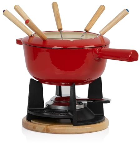 Mahlzeit Juego de Fondue de Hierro Fundido | 6 Personas | 2 litros | Set de Fondue 13 Piezas con Quemador y Tenedores | Set para Fondue de Queso, Set de Fondue de Carne, Set para Fondue de Chocolate