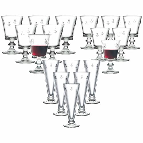 La Rochère Abeille - Set di bicchieri da vino e spumante, 18 pezzi, con rilievo antico, 6 bicchieri da vino rosso e bicchieri da spumante, trasparente