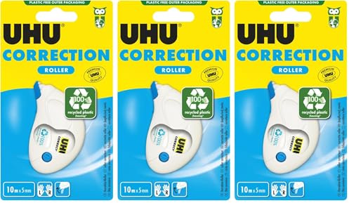 UHU Rollers Correcteur - Ruban Correcteur Compact - Rapide Propre Et Précise - Avec Capuchon Protecteur Et Vis D'Ajustement De La Bande - Fournitures Scolaire Et Bureau - Blanc - 10m X 5 mm