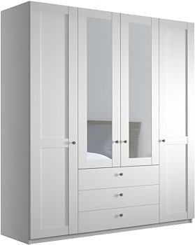 WIEMANN Drehtürenschrank mit 3 Schubkästen, mit 2 Spiegeltüren mittig, Landhausstil Kleiderschrank 200cm breit, Weiß, Höhe 216cm, Marlow