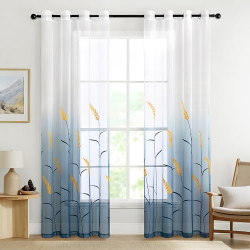 MIULEE Cortinas Bordadas Gradiente Blanco con Ojales Cortinas de Dormitorio Estilo Moderno 140 * 225cm, Azul Marino