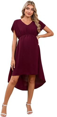 Hobrounn Damen Umstandskleid V-Ausschnitt Sommer Kurzarm Hohe Taille Kleider für Schwangere Umstandsmode Hochzeit