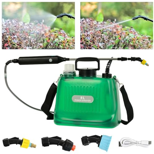 Tryckspruta 8 l, elektrisk trädgårdsspruta med 3 justerbara dimmunstycken, infällbar spraystång, justerbar axelrem, tryckspruta batteri med USB-laddningshandtag, för trädgård/vingår/gräsmatta
