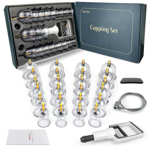 DEFUNX Kit di coppettazione per terapia di massaggio, set da 24 tazze professionali per massaggi con pompa manuale, set per terapia di coppettazione sottovuoto per ridurre la cellulite, sollievo dal