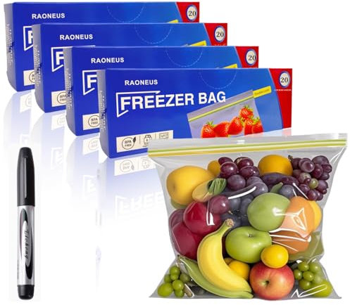 80 Pack Reusable Freezer Bags, Food Storage Bags Medium (2.27L) with Expandable Bottom Sandwich Bags for,Fruits, Meats, Vegetables, Snacks, and Essentials