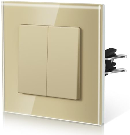 BSEED Interruptor de luz Con Cristal,Interruptor luz pared con Garfio,interruptor conmutador,Botón Pulsador,Fácil Instalación,E-Series,2 Gang 2 Vía,86mm Oro