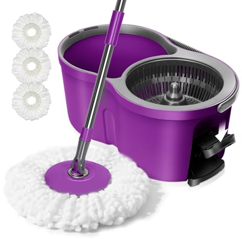 Masthome Wischmopp Set mit Eimer,Bodenwischer Set mit 3 Mikrofaser Wischpads,2-in-1 Putzeimer mit Wischmop mit Edelstahlgriff,Wischer Boden für Alle Bodentypen Bodenreinigung,Lila