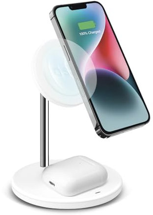 SBS Stazione Ricarica Wireless 2in1, Ricarica Rapida 15W, MagSafe, Doppia Carica Smartphone Magnetico 15W e Cuffie 5W, Automatic Detection System (ADS), Design Minimal, Bianco