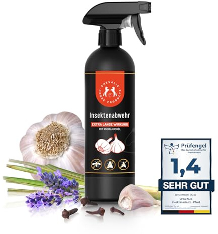 CHEVALIS Fliegenspray Pferd Knoblauch – Langzeitschutz gegen Bremsen & Zecken | Mit echtem Knoblauchöl | Ätherische Öle & Geraniol | Für Pferde
