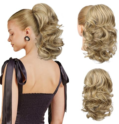 FLUFYMOOZ Ponytail Extension, 36 cm kurze Pferdeschwanz Extension mit Kordelzug für Damen weiches, natürliches, synthetisches Kordelzug Pferdeschwanz Haarteil-Mittel Blonde mit Highlights