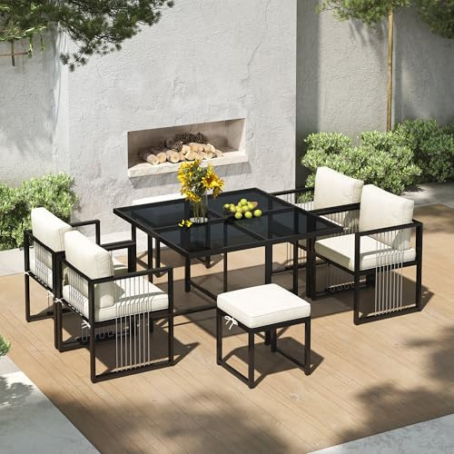 Oslghy GartenmöBel Set 6 StüHle mit Tisch, Sitzgruppe mit Glas Tisch, Esstisch mit 6 StüHlen Set Outdoor, Balkon MöBel 7 Set Mit Bequemen Kissen, Gartengarnitur, Sitzgarnitur, Essgruppe (Schwarz)