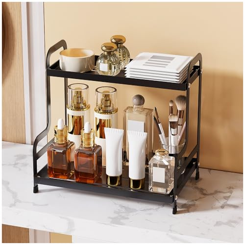 NUODWELL Makeup Organiser for Vanity, 2-Tier Bathroom Countertop Organizer, Makeup Organizer and Kitchen Standing Shelf Skincare Organiser, Countertop Shelf for Bedroom Bathroom Kitchen (Black)