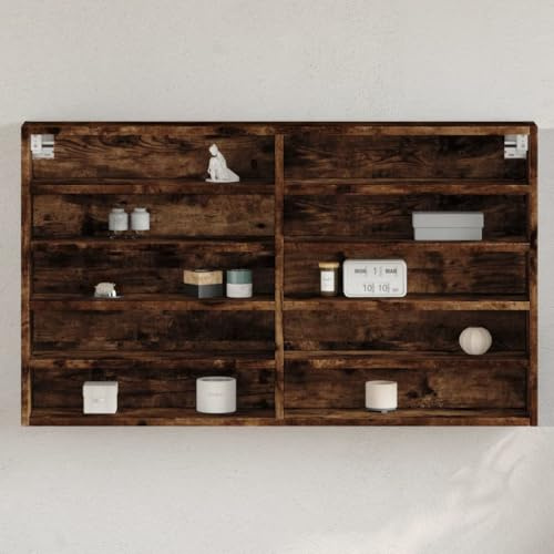 HaoChrymec Vitrinenschrank aus Holzwerkstoff, Räuchereiche, 10 Ablagen, Sammlervitrine für Wohnzimmer, Schaukasten Vitrine, Modellauto Vitrine, für Schlafzimmer, Wohnzimmer, Flur 100 x 15 x 58 cm