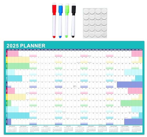 2025 Wandkalender, Jahresplaner mit doppelseitigem Aufkleber, löschbarer Marker, 12 Monate, Wandplaner, Büroorganisation