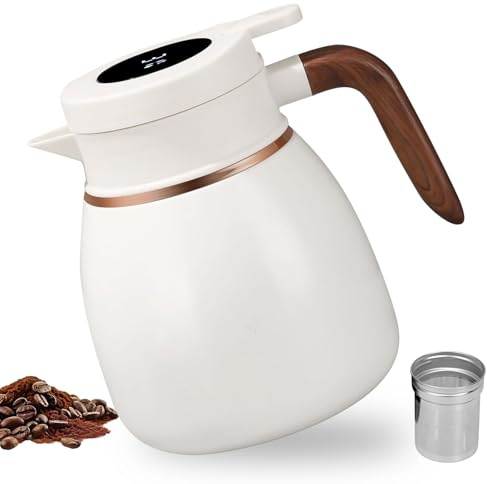 Thermoskanne mit Teesieb, Isolierkanne mit Temperaturanzeige,1,1 Liter Teekanne Thermo mit Holzgriff, Edelstahl Thermokanne, Warmhaltekanne, Kaffeekanne Thermo, Isolierkanne für Tee, Kaffee und Milch