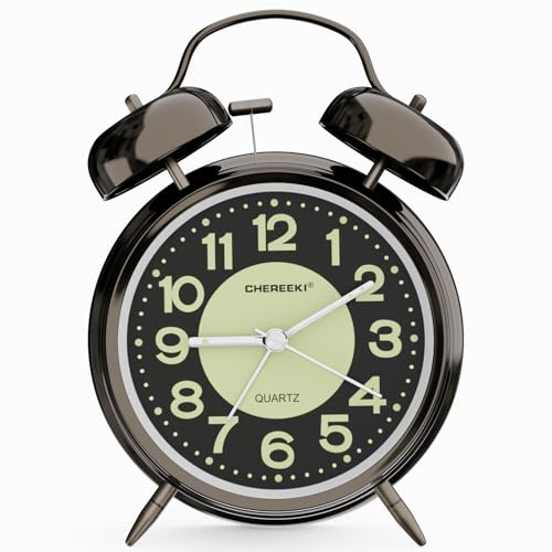 CHEREEKI Sveglia Analogica da Comodino Vintage Doppia Campana Allarme Forte Rumoroso con Luce Notturna e Fluorescente Batteria (Incluse le Batterie)