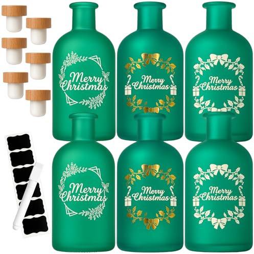 gouveo Set di 6 bottiglie di Natale da 250 ml, bottiglie di vetro verde con tappo in sughero, motivo Merry Christmas per Natale, bottiglie decorative in vetro (AFRG250-11-13th)