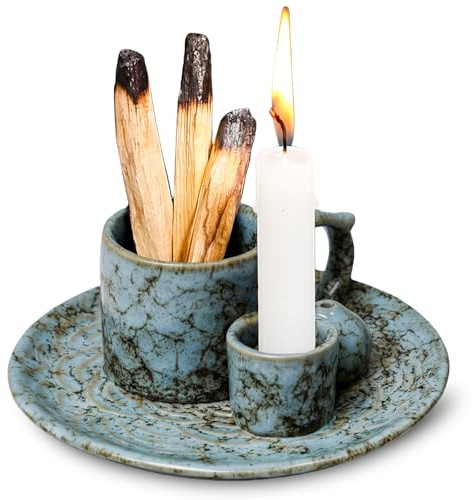 ZONSUSE Porta Incienso Multifuncional 4 en 1 de Cerámica, Quemador con Soporte para Vela y Recoge Ceniza, para Salvia, Palo Santo, Varillas y Conos, Decoración Oficina Yoga Meditación (Azul-Verde)