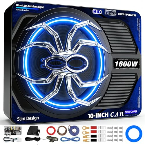 SUBPULSIX 1600W Slim Underseat Car Subwoofer and Amp Package with LED Switch, Powered Subwoofer Car Audio with Built-in Amp, Low Pass/Gain/Bass Boost Control, Deep Distortion-Free Bass for Truck SUV