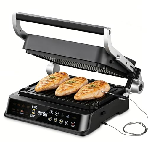 AMZCHEF XL Kontaktgrill 4-in-1 mit Temperaturfühler & GrillBoost 280 °C – Elektrogrill mit 6 Programmen, 180° Öffnung, 2 Zonen, wechselbaren Antihaftplatten – Steak, Panini, Waffeln, Sandwich