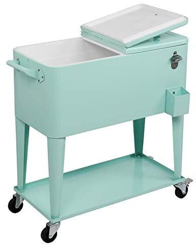 Bonnlo 76L Rollbarer Getränkekühler – Servierwagen, Kühlwagen mit Ablage, Flaschenöffner und Rollen, Kühlbox, Ideal für Garten, Terrasse, Camping & Strand, 91 x 39 x 84 cm, Mintgrün