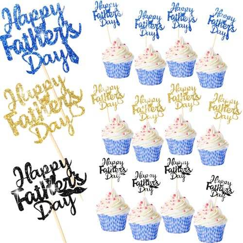 24PCS Happy Fathers Day Cupcake Toppers Decorations for Birthday Party Cake Supplies Ideal for Cakes, Cupcakes, Desserts, Parties, Family Gatherings and Father’s Day Celebrations (Blue, Gold, Black)