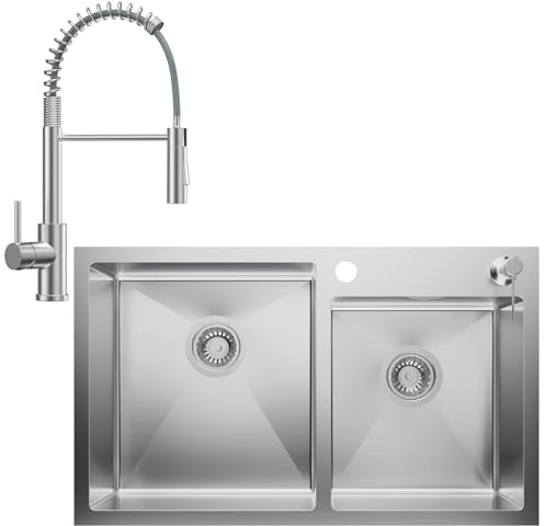 CECIPA Fregadero de cocina 75 cm * 45 cm, fregadero de acero inoxidable para encimeras de 80 cm de ancho, fregadero con dispensador de jabón, desagüe y kit de rebosadero, fregadero de dos senos