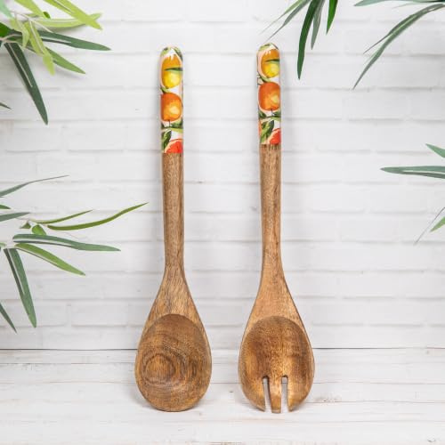Mango Wood Orange & Lemon Enamelled Handles Salad Serving Spoon & Fork Set