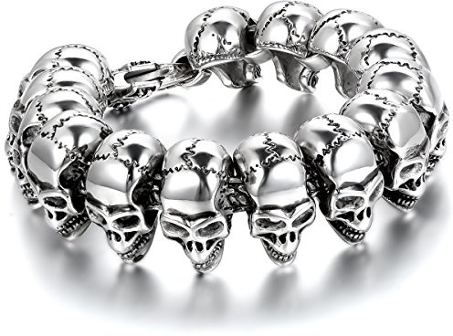 JewelryWe Bijoux Bracelet Homme Tête de Mort Crâne Gothique Diable Motard Biker Tribal Lourd Acier Inoxydable Fantaisie pour Homme Chaîne de Main Couleur Noir Argent avec Sac Cadeau