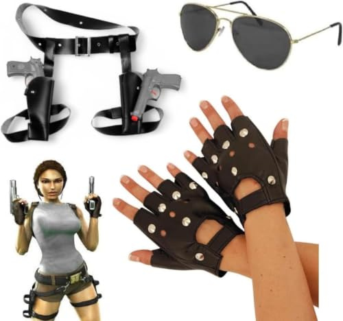Twin Guns Thigh Holster-Lara Croft Style Tomb Raider Fancy Dress Accessories Guns Holster Glasses Plaits and Gloves (Mega_Jumble) (3 Piece Set)