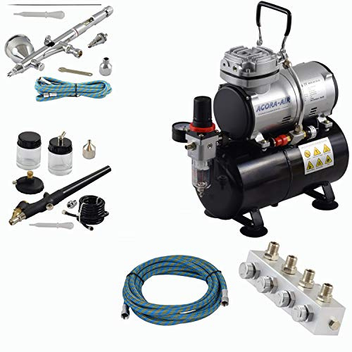 Agora-Tec® Airbrush Komplett-Set PROFI XIII.3, Komplettsystem für Airbrush, inkl. Kompressor mit 4 bar, 20l/min und 3 Liter Tank + 2 Airbrushpistolen mit 0,2 & 0,3 & 0,8mm Nadeln/Düsen + regelbaren 4-fach Luftdruckverteiler + 2 Schläuche + Adapter