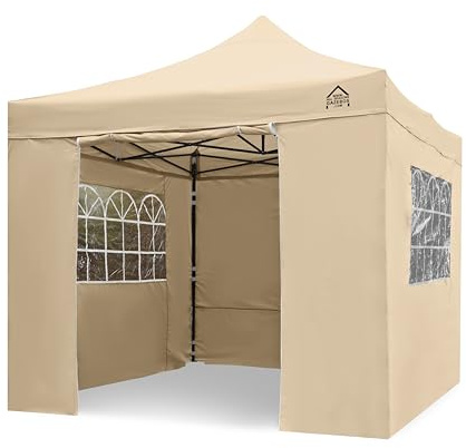 AllSeasonsGazebos Pavillon Ultra-résistant à Ouverture instantanée de 3m x 3m avec 4 Poids léger Panneaux latéraux + Sac de Transport sur Roues et 4 Sacs de Poids pour Les Pieds (Beige 2)