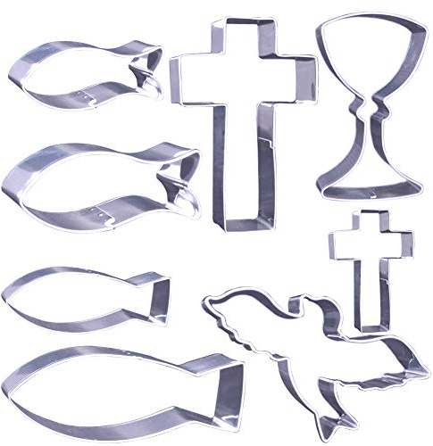 8tlg. Ausstecher Ausstechformen Set, Christen-fisch Keksausstecher Plätzchenform, Ausstechform Kreuz, Plätzchenformen Taube, Cookie Cutters Kelch, 24 Geschenkaufkleber für Kommunion Konfirmation Taufe