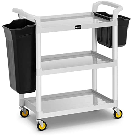 Uniprodo Chariot De Room Service Hôtel Hôtelier Entretien Ménage Nettoyage Chambre Restaurant Immeuble UNICLEAN 150 (Max. 150 kg, 2 Bacs, Cadre Aluminium, 3 Plateaux, Roulettes PVC)