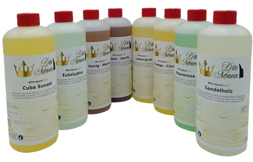 Dufte Momente | Whirlpool Duft 8 x 1 Liter - Cuba Sunset, Eukalyptus, Honig-Mandel, Kokos-Vanille, Lemongras, Orange-Citrus, Polarminze, Sandelholz | mit ätherischen Ölen