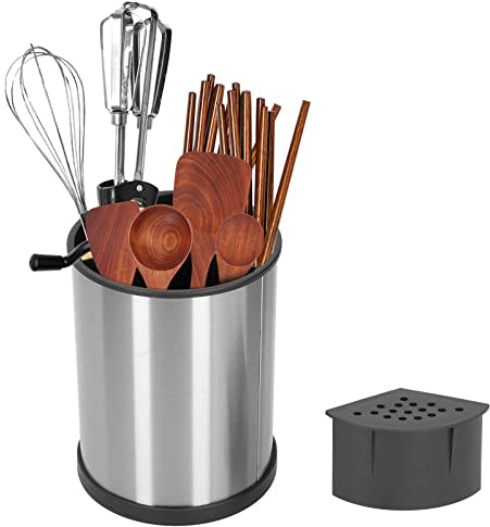 Küchenutensilienhalter für Arbeitsplatte, 360° drehbarer Edelstahl Utensilienhalter Löffel Spatel Organizer mit abnehmbaren Abtropfstäben für Restaurant Küche, 14 x 18,5cm