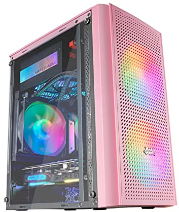 Mars Gaming MC300, Boîtier PC Gaming Compact MicroATX/Mini-ITX, 3X Ventilateurs 120mm FRGB, Panneau Avant Total-Mesh, Verre Trempé, Rose