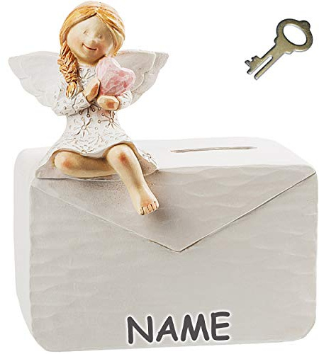 alles-meine.de GmbH große Spardose - Engel/Schutzengel mit Brief & Herz - inkl. Name - mit Schlüssel und Schloss - stabile Sparbüchse - aus Stein Kunstharz/Polyresin - Versch..