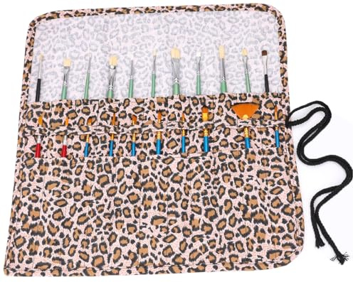 Amoyie Roll Up Paint Brush Holder, Portable Brush Case for Artists, Canvas Carrier Bags for acrylic, watercolour, oil paintbrush, leopard print
